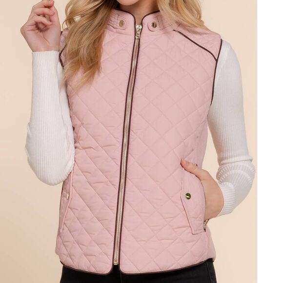 Suede Piping Detail Knit Rib Sides Quilted Padding Vest Blush Pink - Picture 4 of 7